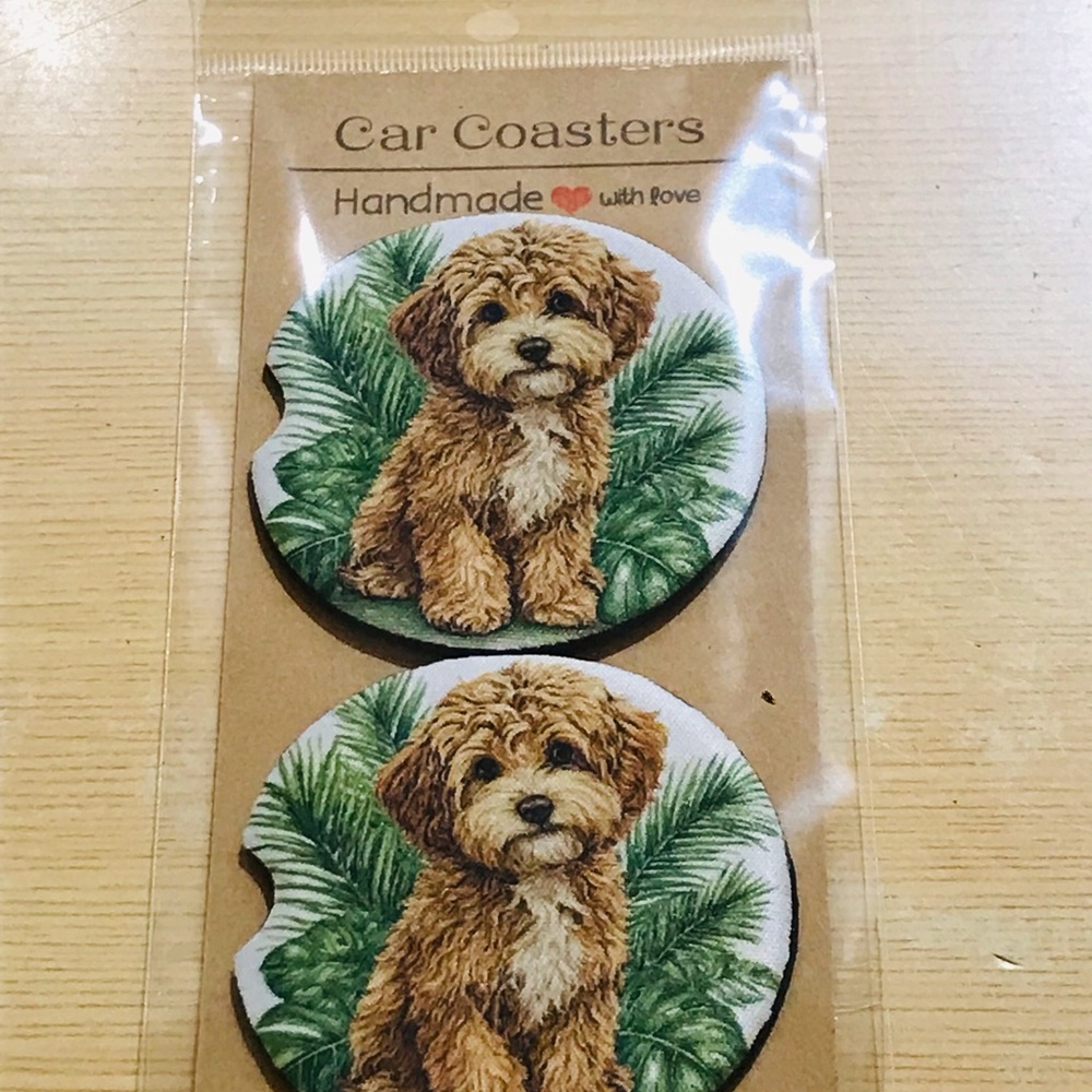 Handmade Doodle Puppy Dog Car Coasters Set